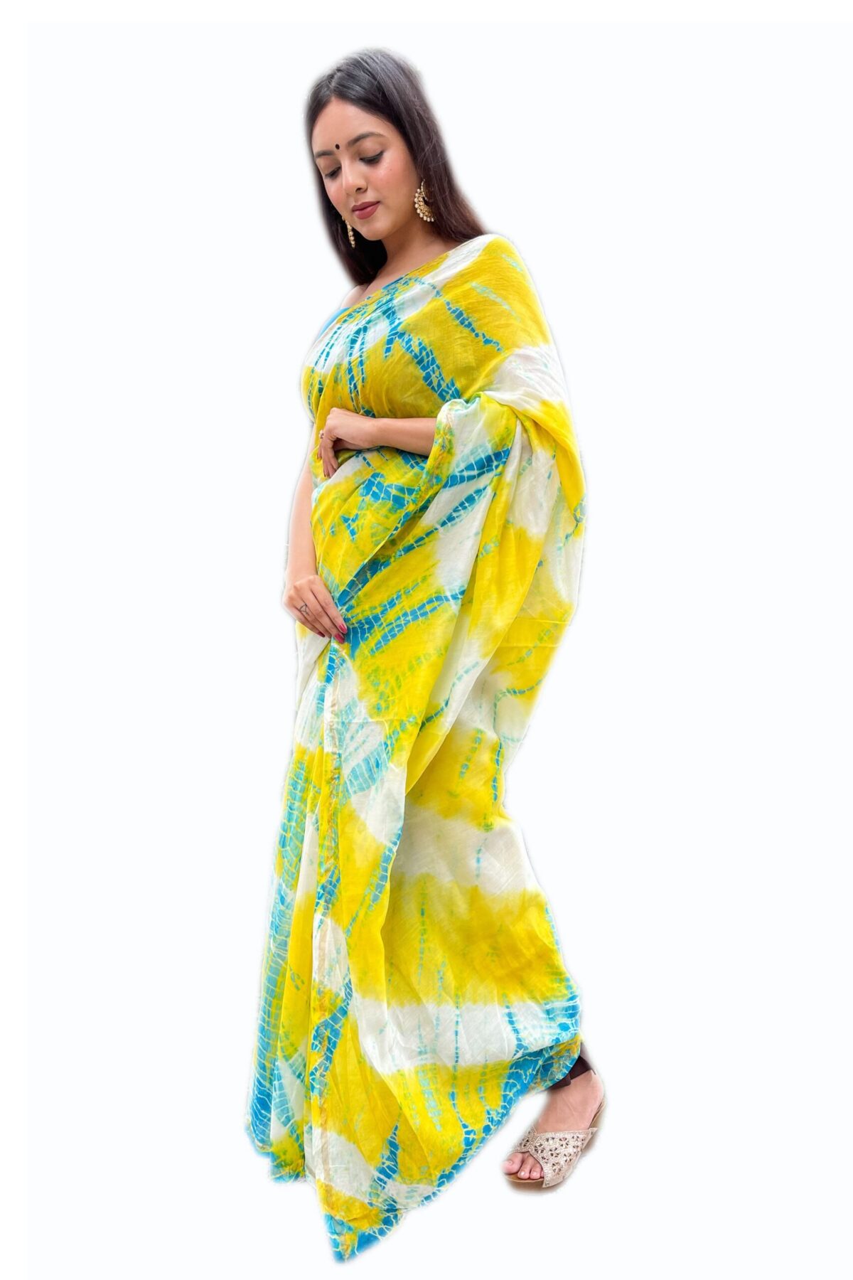Chanderi Saree with Blouse Piece (Yellow & Aqua Blue)