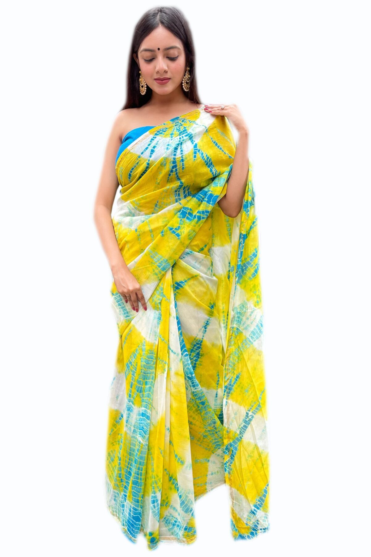 Chanderi Saree with Blouse Piece (Yellow & Aqua Blue)