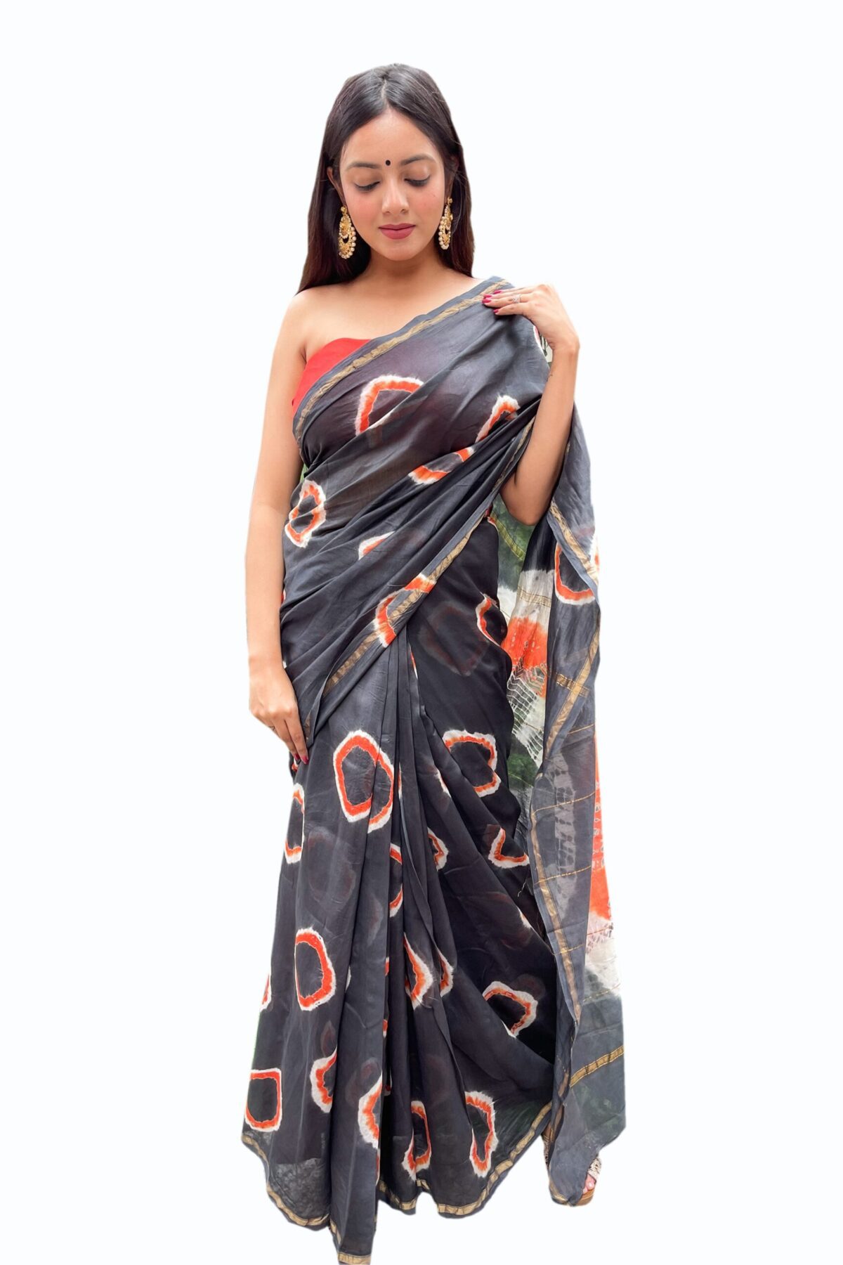 Chanderi Saree with Blouse Piece (Grey & Orange)