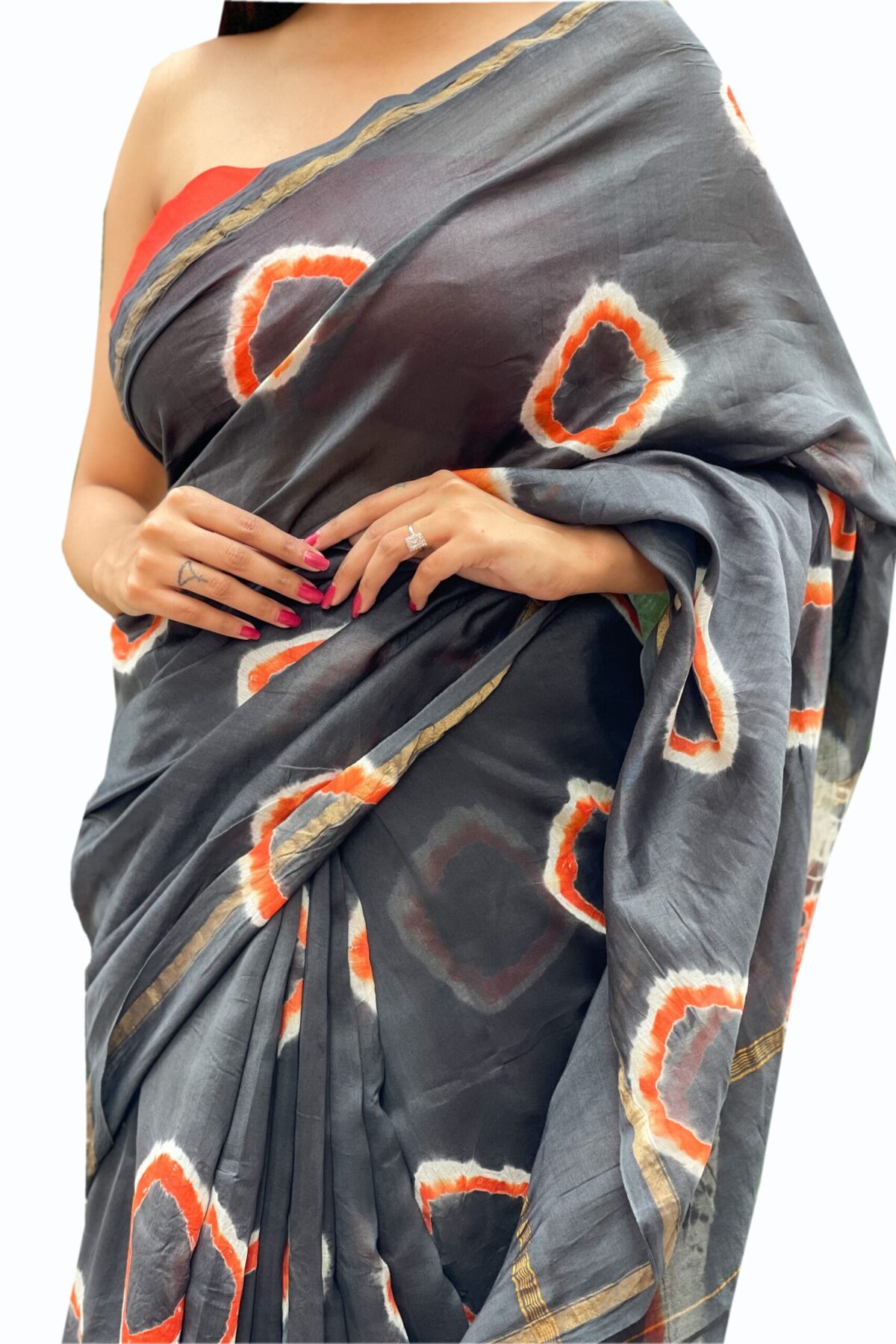 Chanderi Saree with Blouse Piece (Grey & Orange)