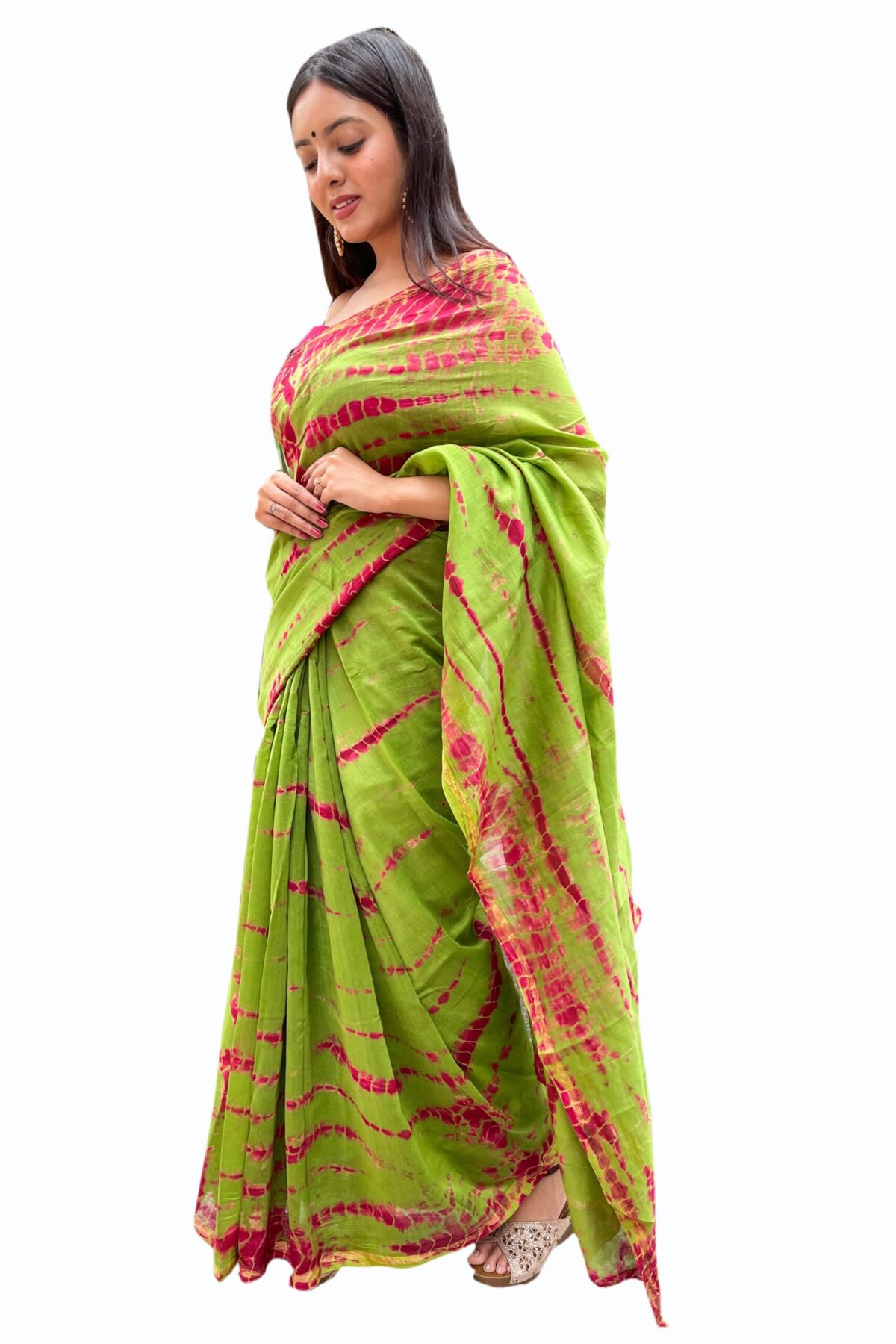 Chanderi Saree with Blouse Piece (Green & Pink)