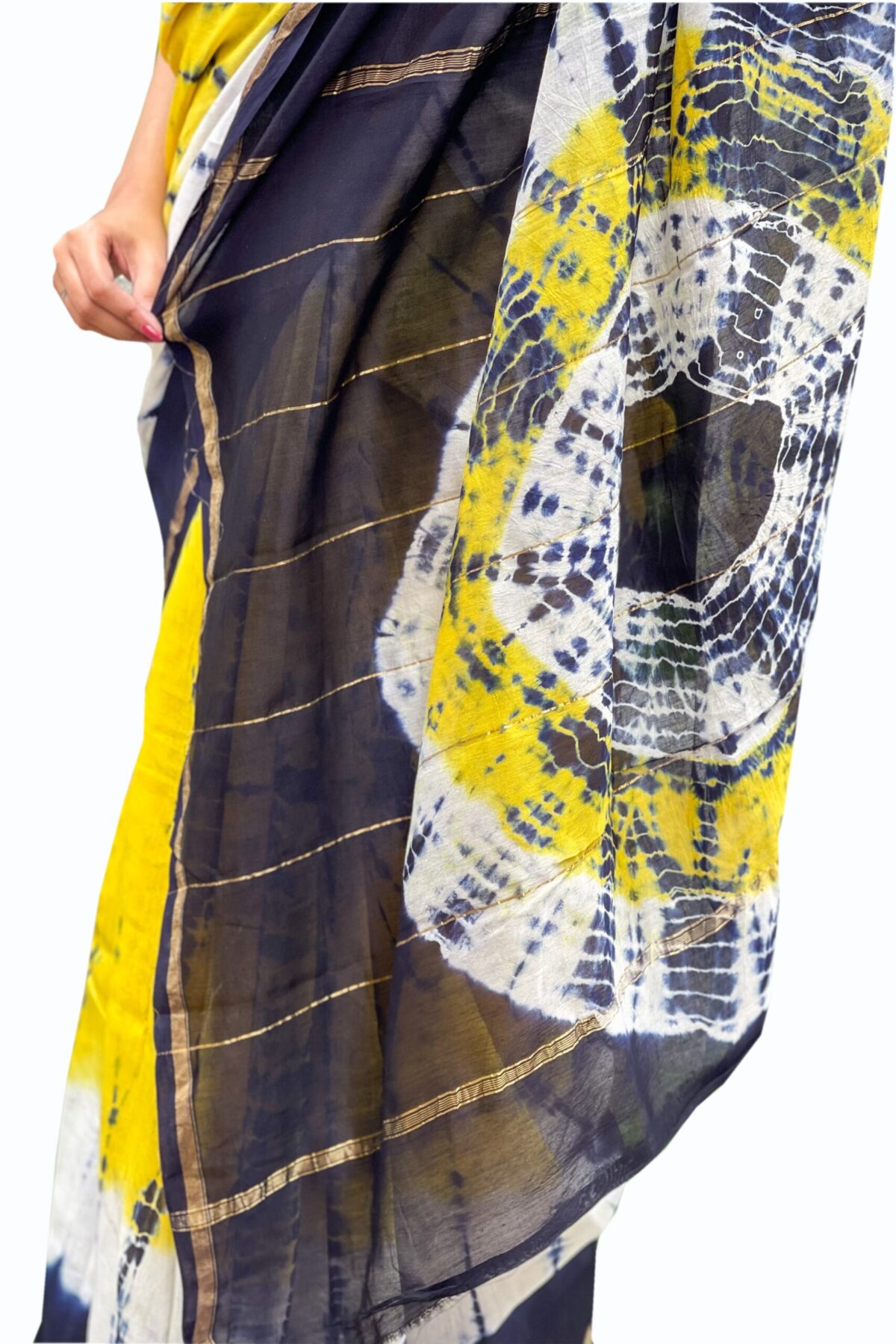 Chanderi Saree with Blouse Piece (Navy Blue & Yellow)