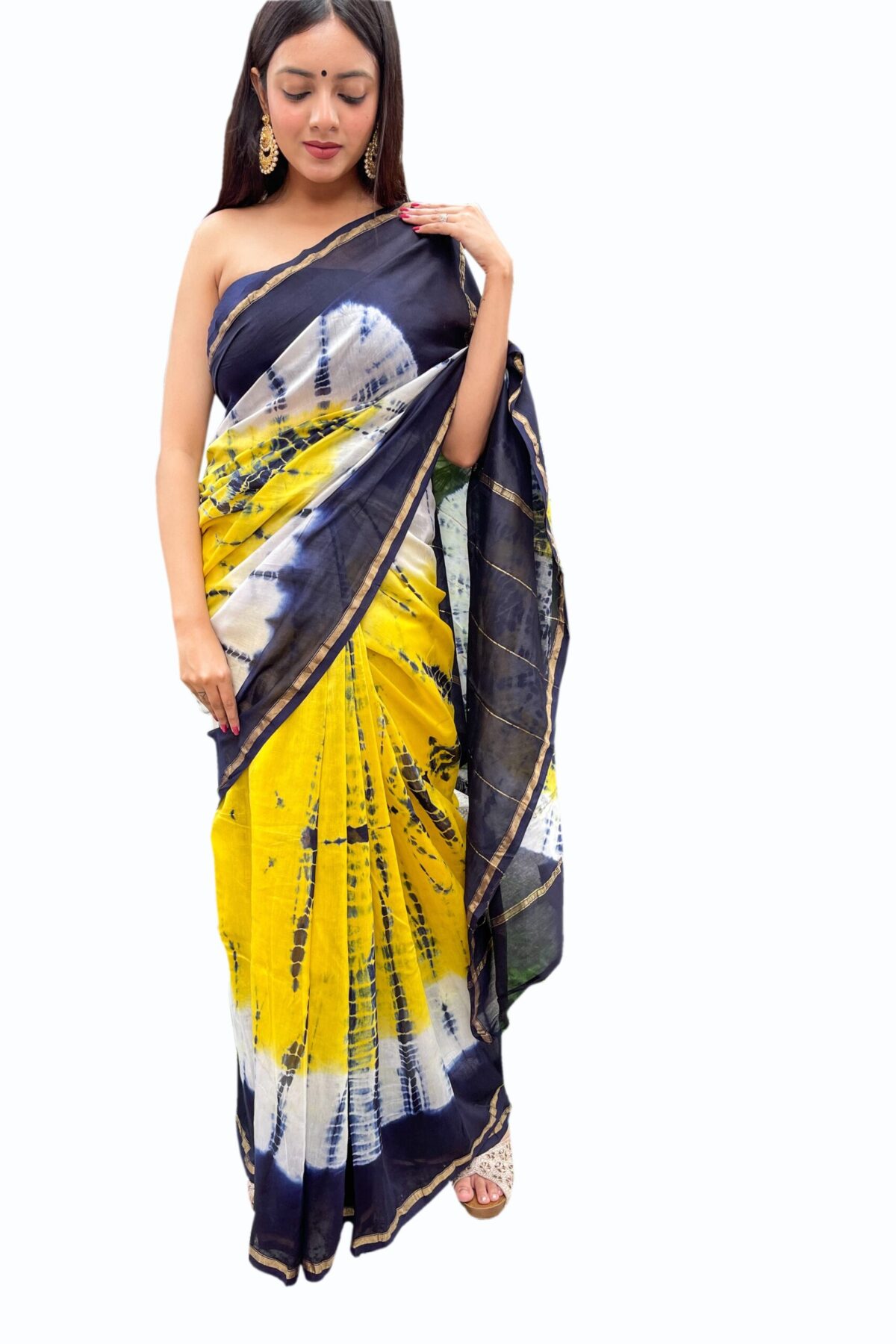 Chanderi Saree with Blouse Piece (Navy Blue & Yellow)