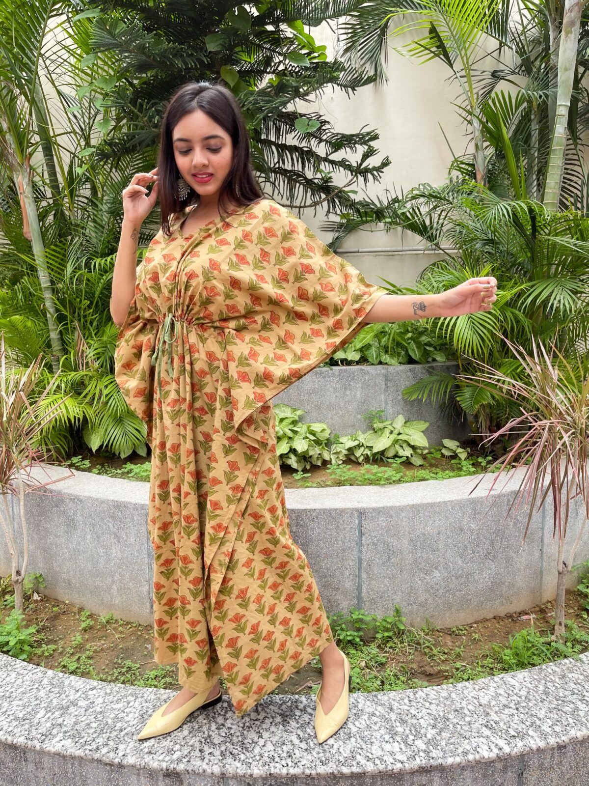 Dusty Yellow Floral Printed Cotton Kaftan