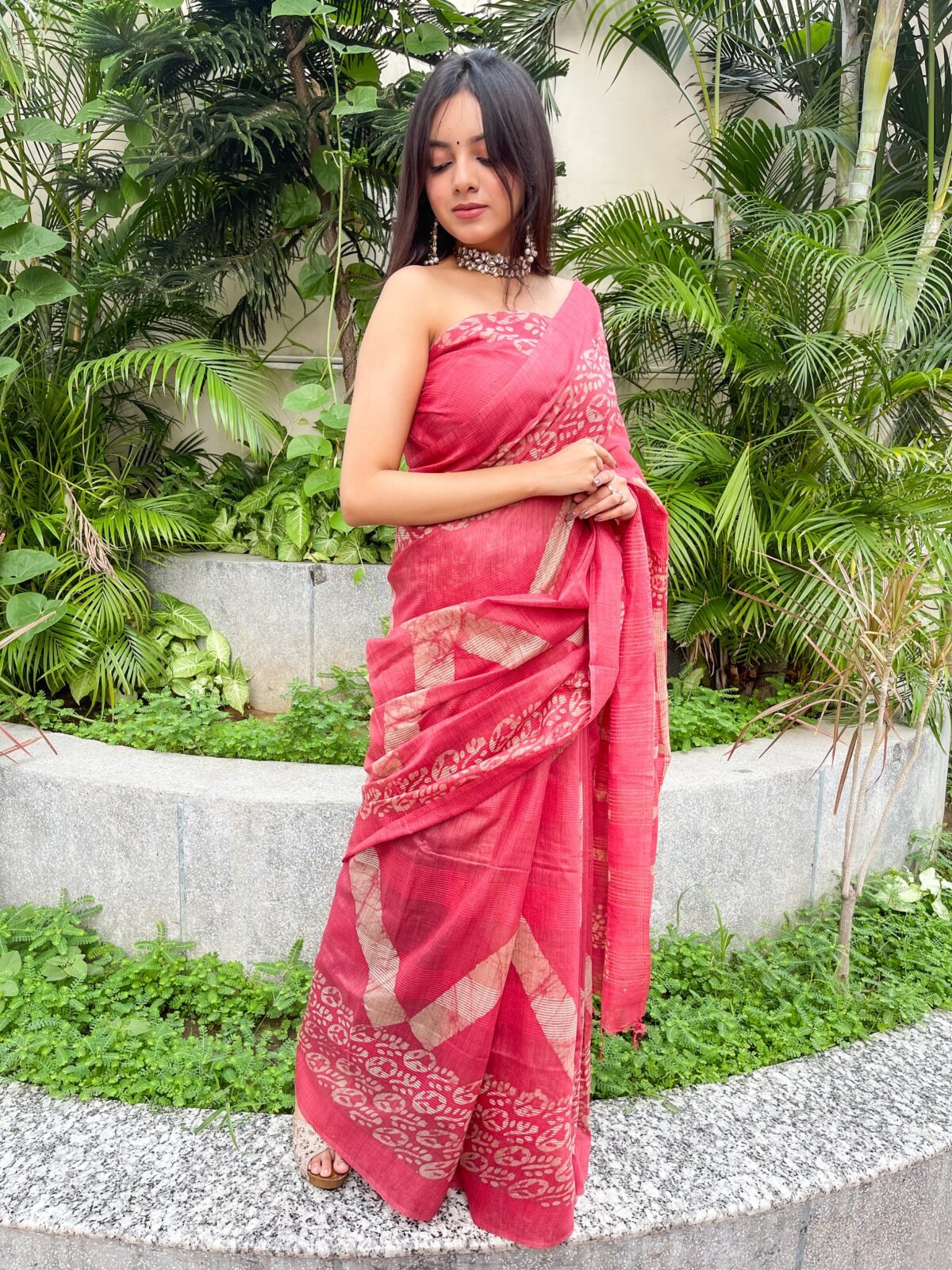 Tussar Silk Saree with Hand Wax Batik Print (Rose)
