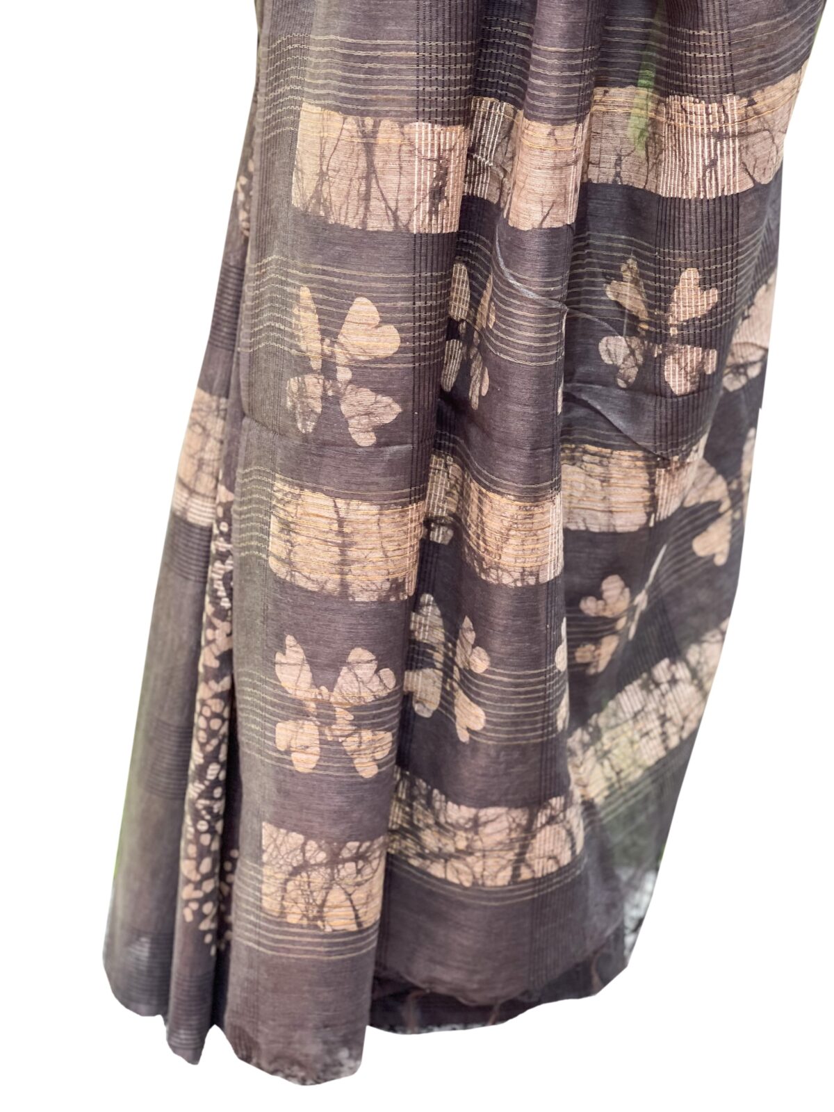 Tussar Silk Saree with Hand Wax Batik Print (Grey)