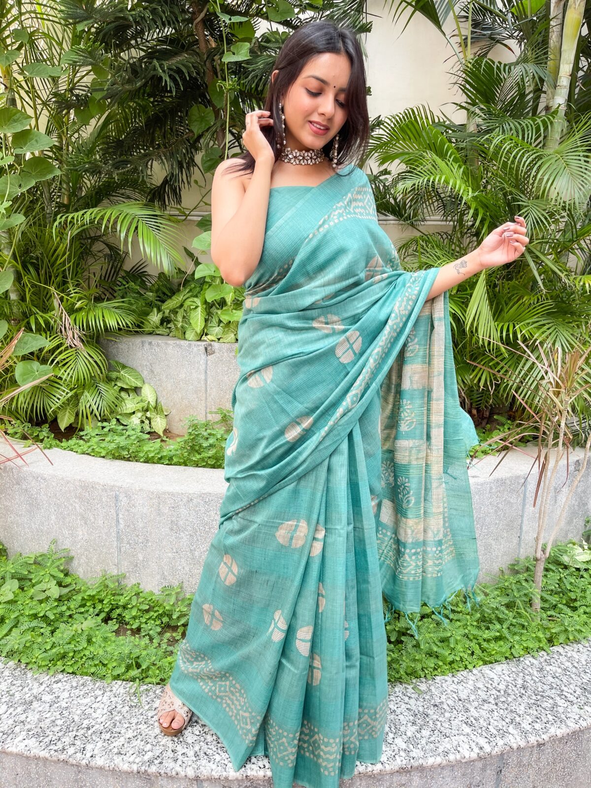 Tussar Silk Saree with Hand Wax Batik Print (Aqua Blue)
