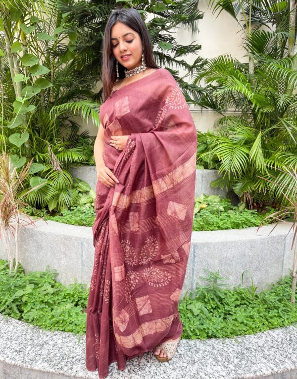 Tussar Silk Saree with Hand Wax Batik Print (Expresso Brown)