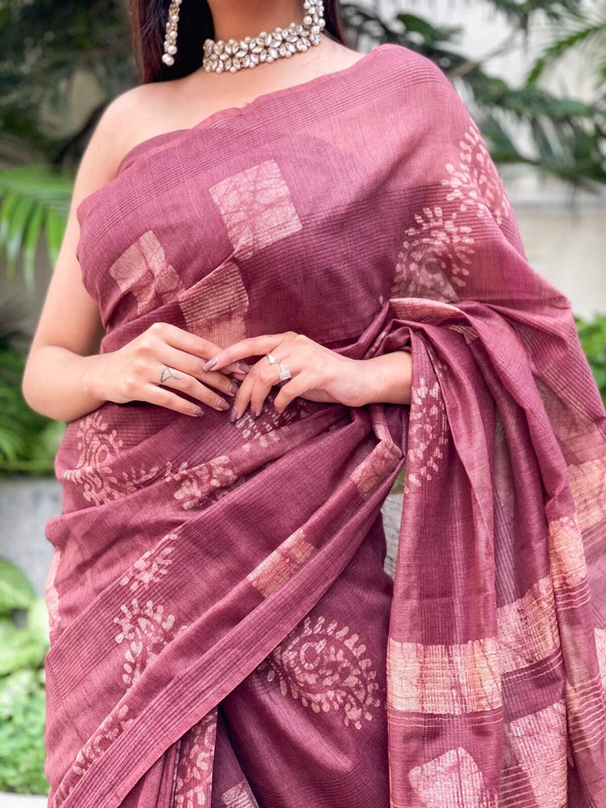 Tussar Silk Saree with Hand Wax Batik Print (Expresso Brown)