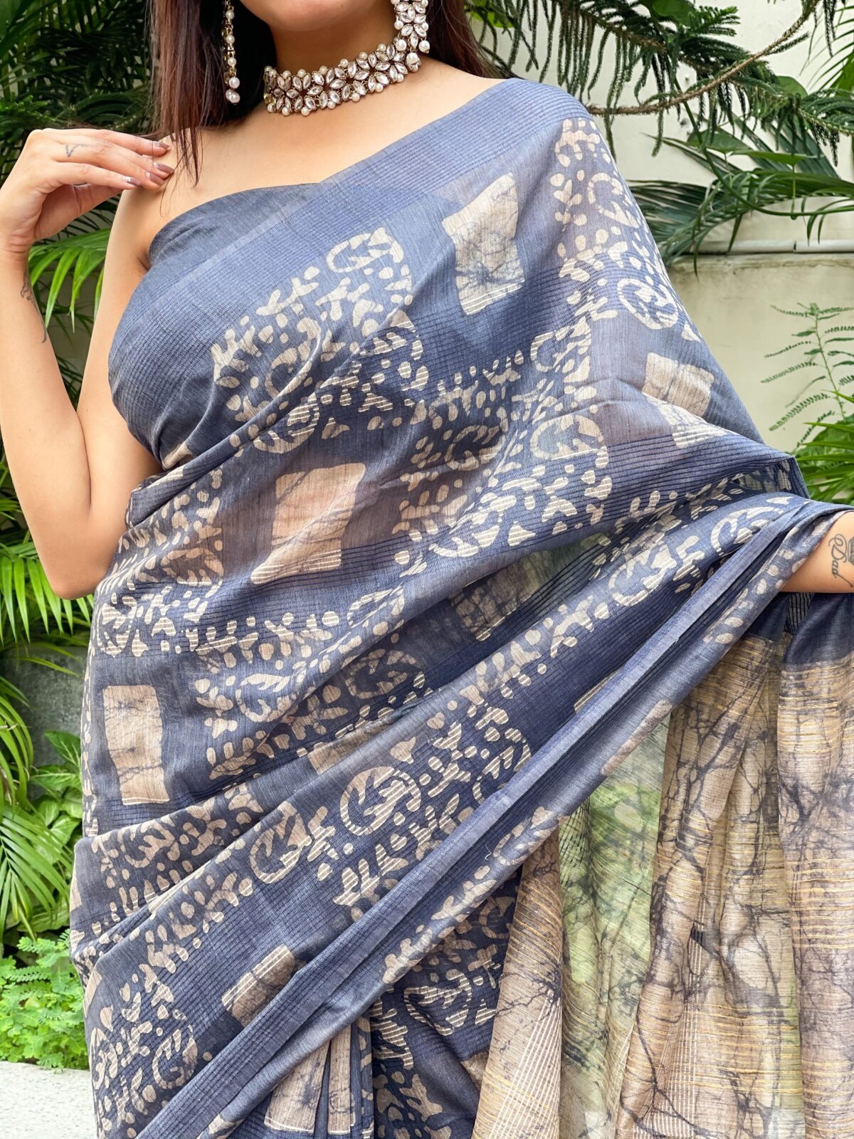 Tussar Silk Saree with Hand Wax Batik Print (Steel Blue)