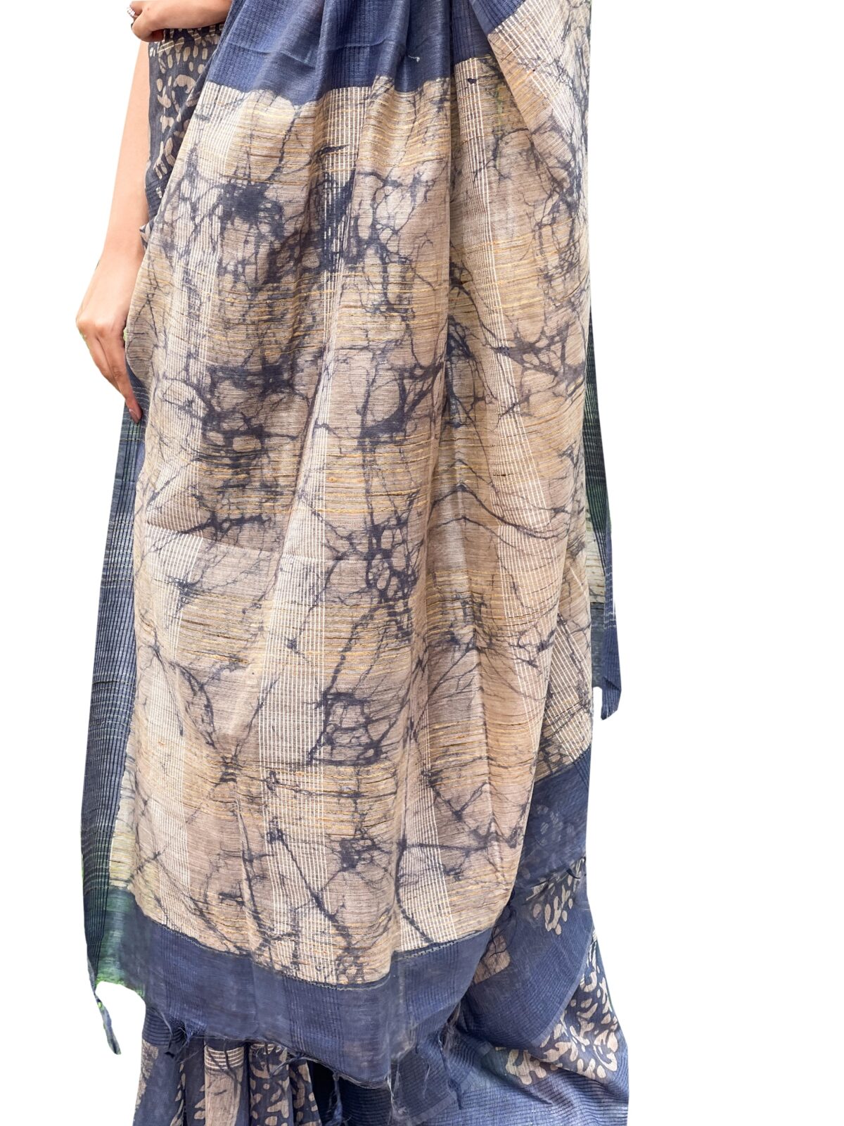 Tussar Silk Saree with Hand Wax Batik Print (Steel Blue)