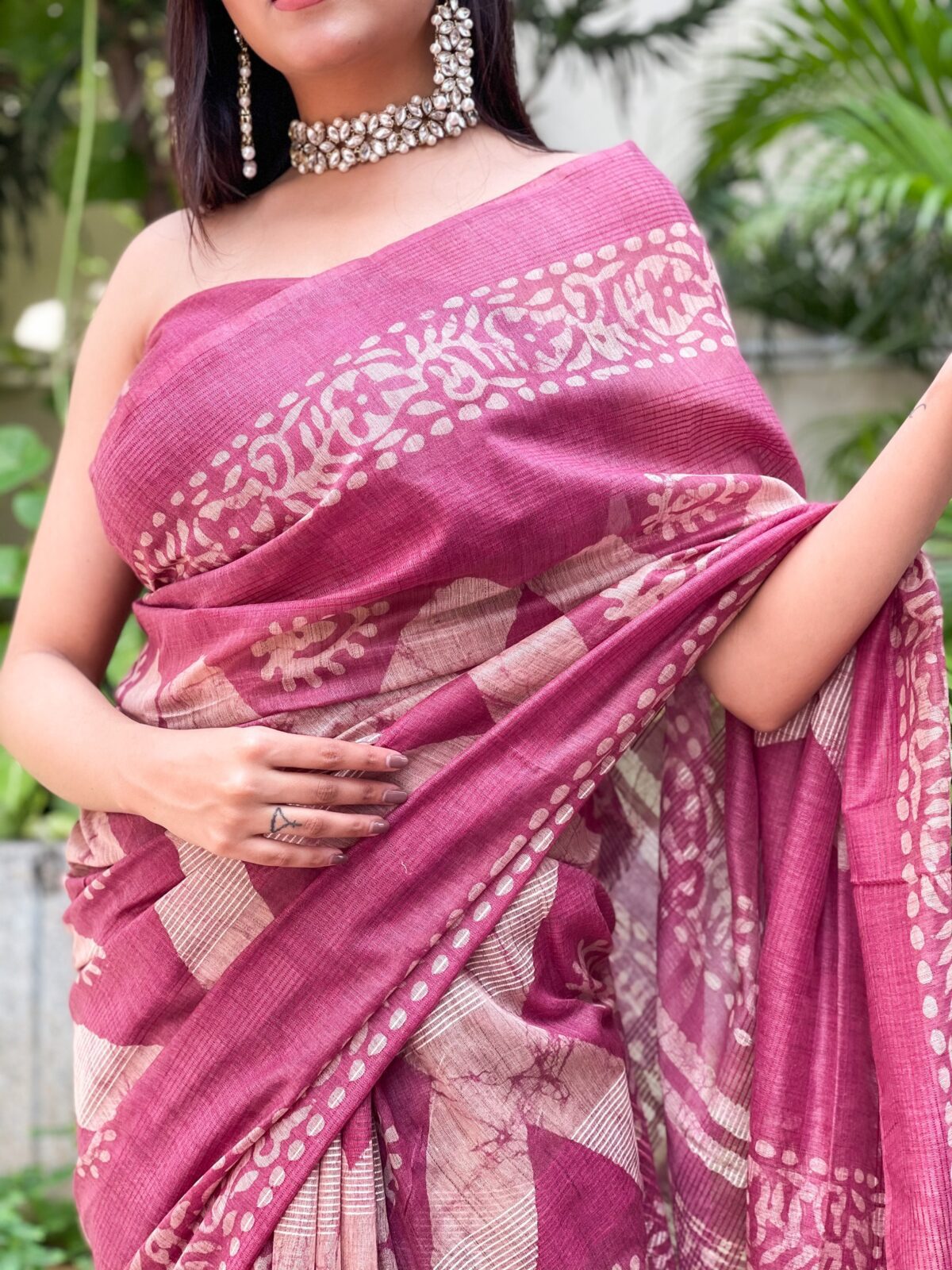 Tussar Silk Saree with Hand Wax Batik Print (Magenta)