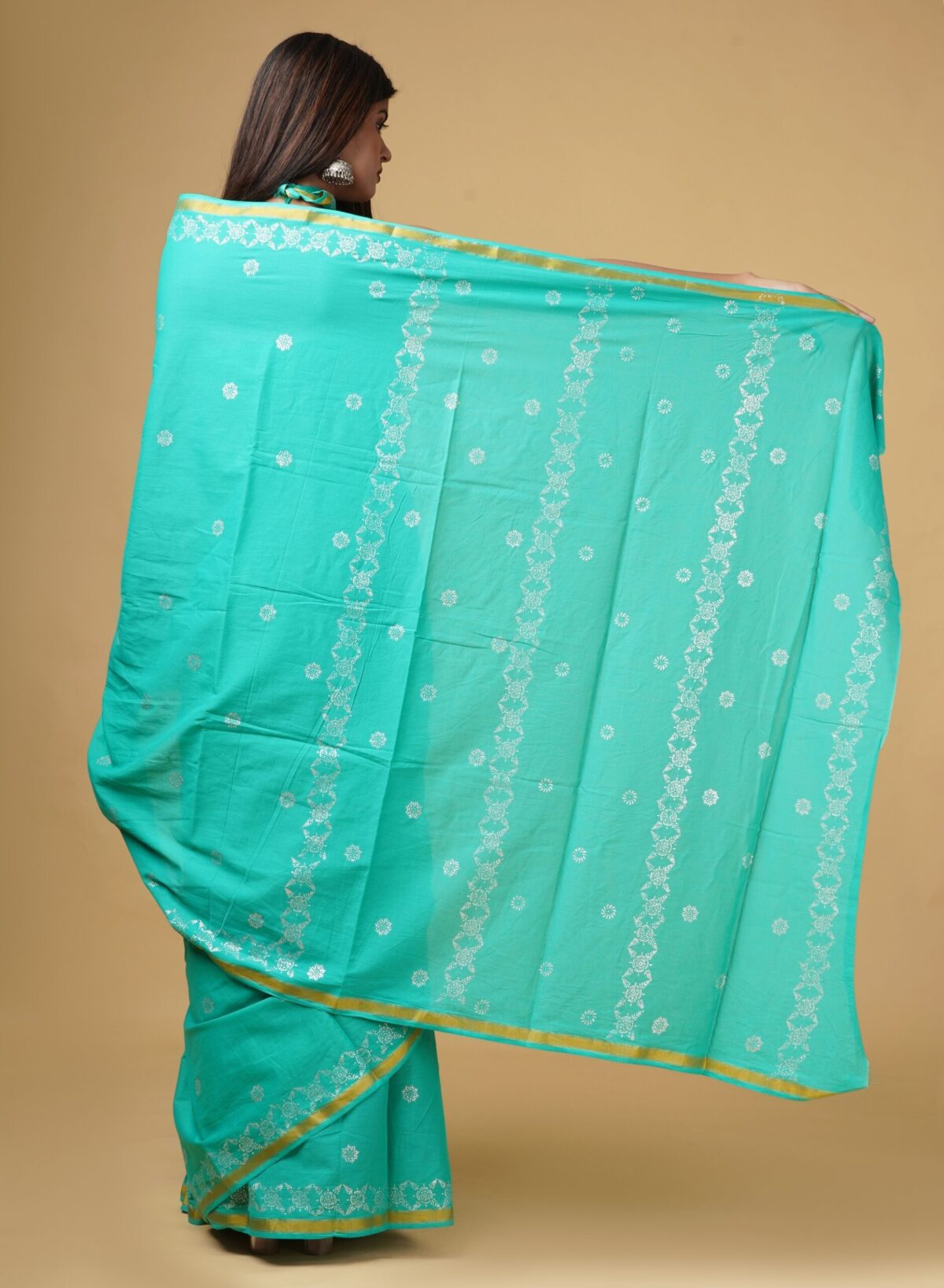 Hand block printed zari border cotton saree