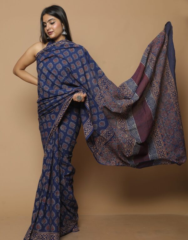Bagru hand printed mulmul cotton saree, latest sarees