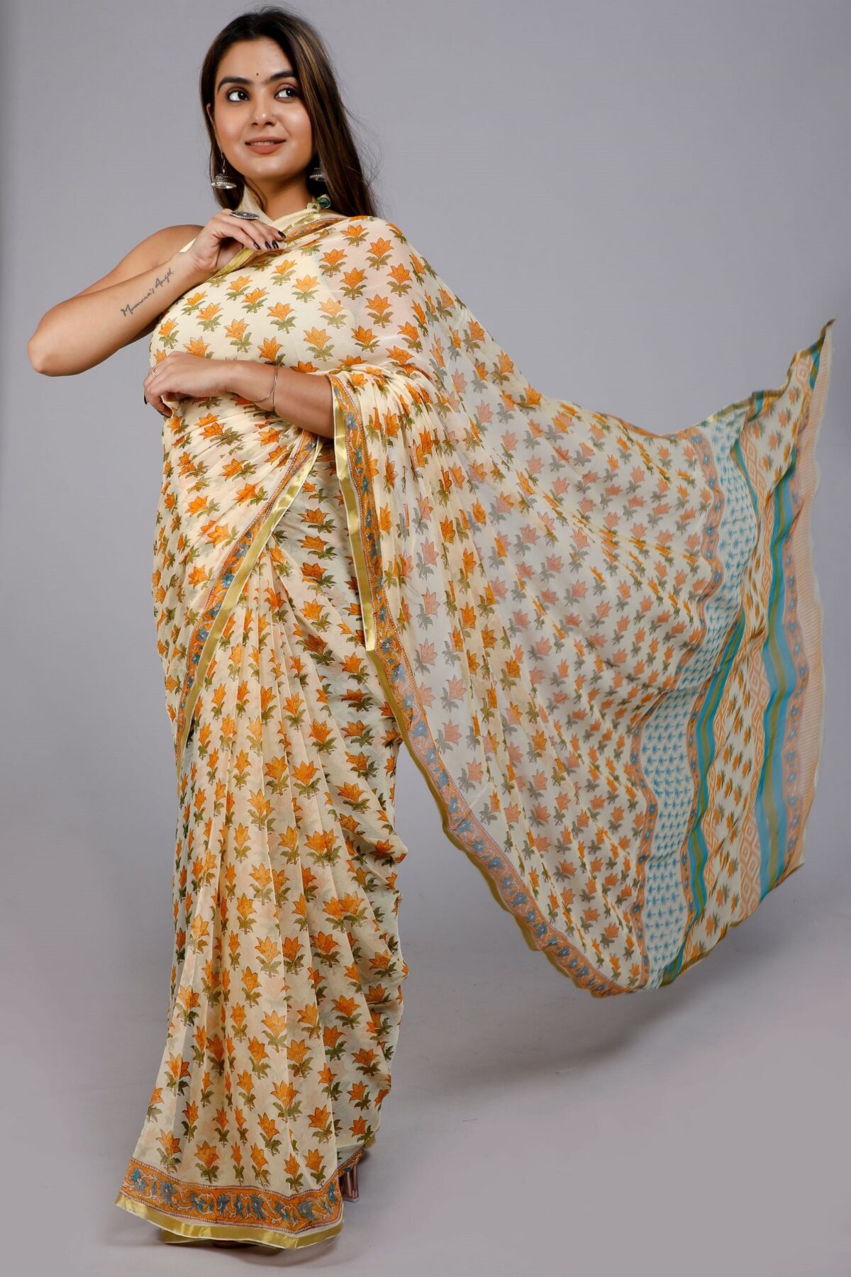 Hand Block Printed Chiffon Saree from Joypur Fashions