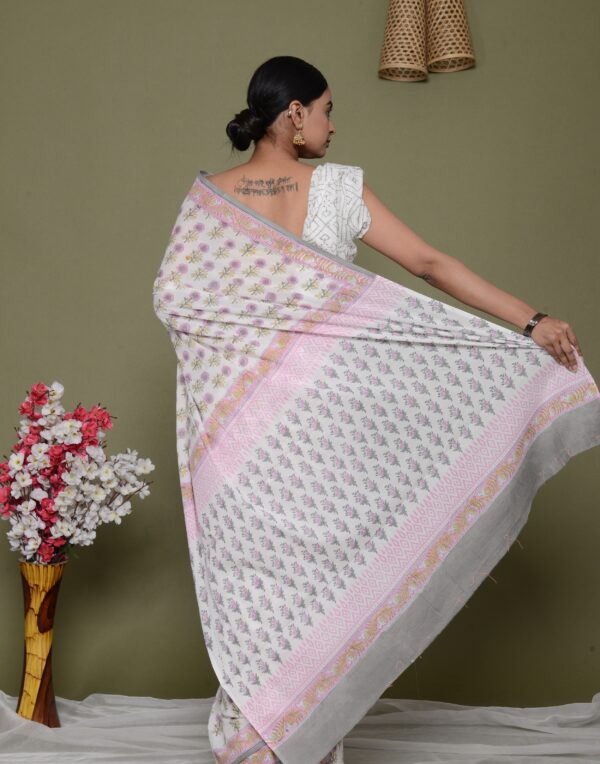 Bagru Hand Block Printed Saree of Mulmul Cotton (White & Pink)