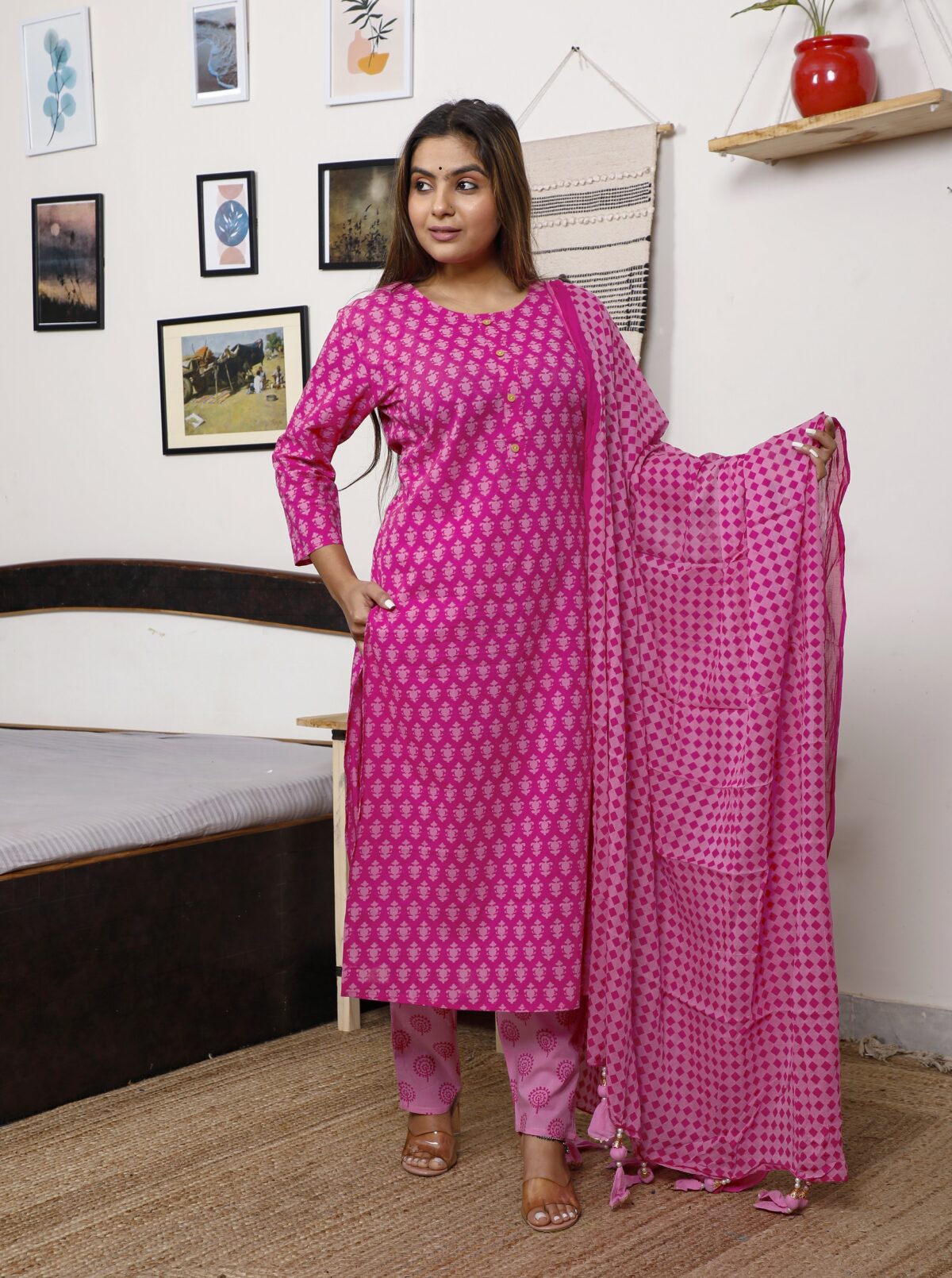 pure cotton kurta pant dupatta set for women